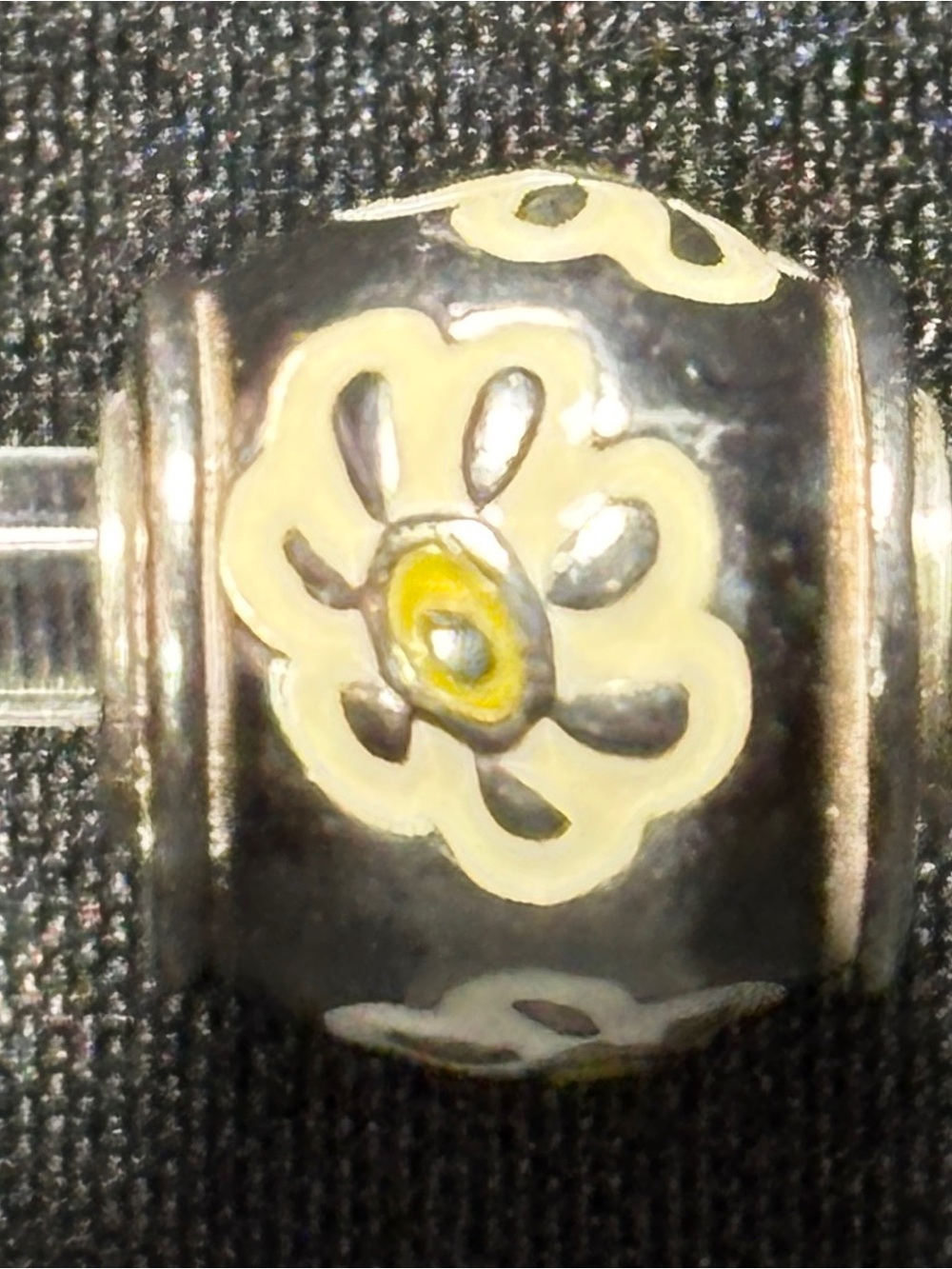 Halia Black Floral Charm with Cream Petals and Yellow Center